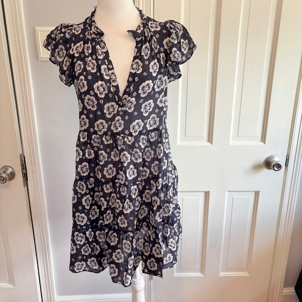 Anthropologie Womens XS Mini Dress Navy Blue Floral Tiered Flutter Sleeve